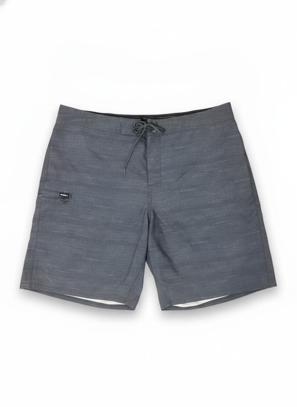 USED O'Neill Mens Boardshorts Size 38 Gray Stripe Swim Trunks Drawstring Surfing